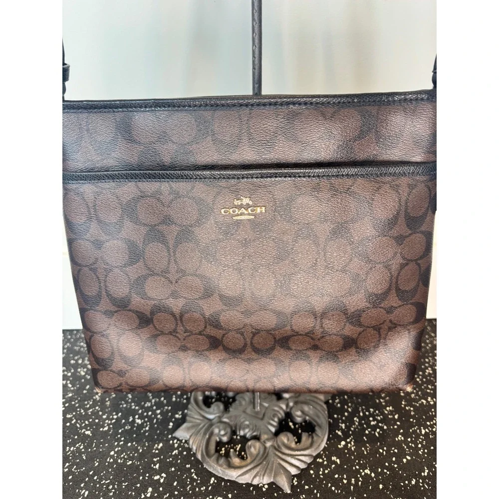 Coach Signature Brown Canvas Crossbody Bag Zip Top Classic Monogram - Picture 2 of 16